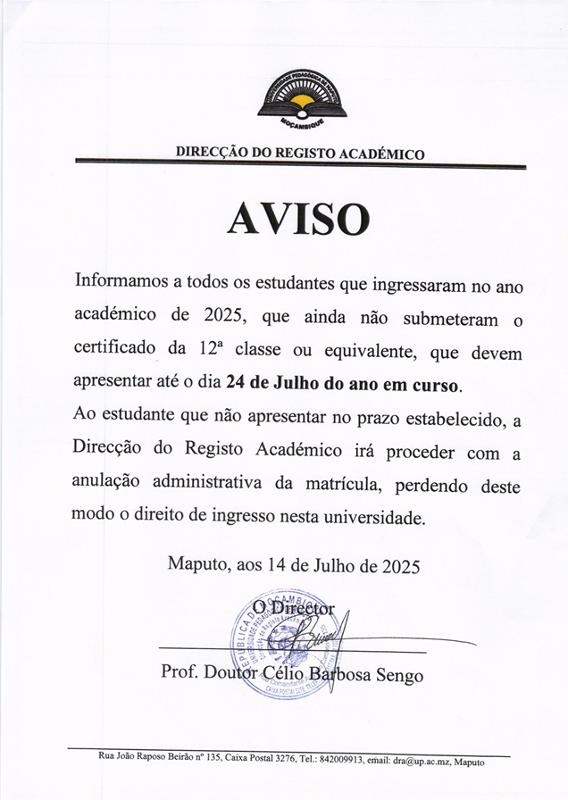 Aviso de Regularização de Certificados da 12a Classe para Novos Ingressos