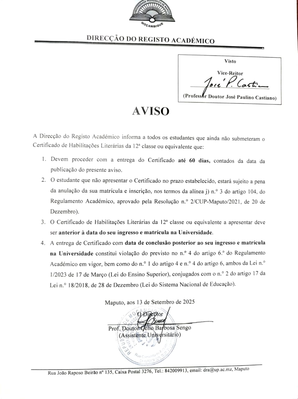 Aviso - Submissão de Certificado de Habilitações Literárias da 12a Classe